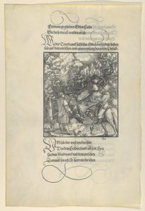 Unfalo fazendo com que Theuerdanck caia em uma armadilha durante uma caçada, de Theuerdanck, 1517. de Hans Schäufelein the Elder