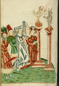 Um grupo de homens e mulheres adoram dois ídolos, 1469 (tinta, lavagens e têmpera sobre papel)