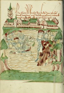 A travessia do Mar Vermelho Ms Ludwig XV 9 fol. 56v, 1469 (tinta, cor lava e têmpera sobre papel)