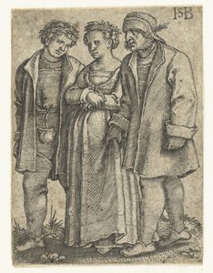 Casal de noivos e pai da noiva
Procissão para casamento de camponeses (título da série) de Hans Sebald Beham