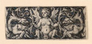 Friso com figura feminina alada e dois galos grotescos de Hans Sebald Beham
