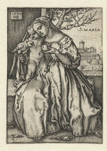 Maria com criança e papagaio e pêra de Hans Sebald Beham
