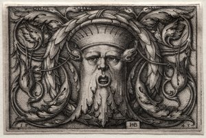 Ornamento da cabeça e coroa de sátiros, 1543. de Hans Sebald Beham