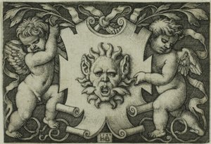 Ornamento com uma máscara realizada por dois gênios de Hans Sebald Beham