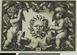 Ornamento com uma máscara realizada por dois gênios de Hans Sebald Beham