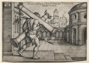 Os trabalhos de Hércules: Hércules carregando as colunas de Gades, 1545. de Hans Sebald Beham