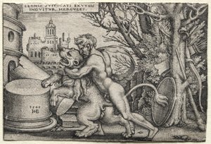 Os trabalhos de Hércules: Hércules estrangulando o leão da Nemeia de Hans Sebald Beham
