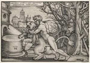 Os Trabalhos de Hércules: Hércules Estrangulando o Leão Nêmeo, 1548. de Hans Sebald Beham