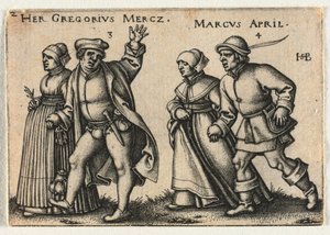 O casamento camponês ou os doze meses: 3-Her Gregorius Mercz 4-Marcus April, 1546. de Hans Sebald Beham
