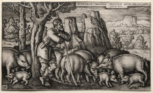 O filho pródigo: cuidando de porcos de Hans Sebald Beham