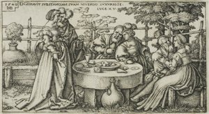 O filho pródigo desperdiçando sua fortuna, placa dois da história do filho pródigo de Hans Sebald Beham