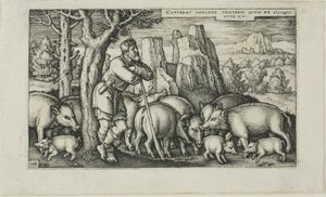 O Filho Pródigo com o Porco, prato três da História do Filho Pródigo de Hans Sebald Beham