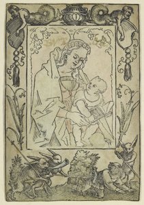 A Virgem e o Menino cercado por uma Fronteira com um Caçador e alguns Coelhos (xilogravura, sobrecarregada em aquarela, impressa em pergaminho) de Hans Sebald Beham
