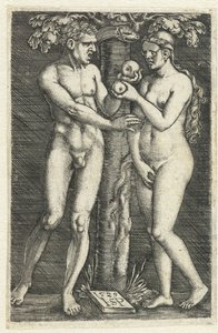A tentação de Adão e Eva no paraíso de Hans Sebald Beham