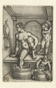 Mulher com dois filhos na casa de banho de Hans Sebald Beham