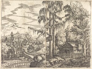 Paisagem com vista de uma casa de campo e uma cidade perto de um rio, 1551.