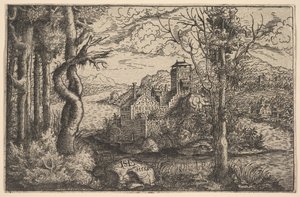 Vista em um rio, com um castelo em uma ilha, 1553.