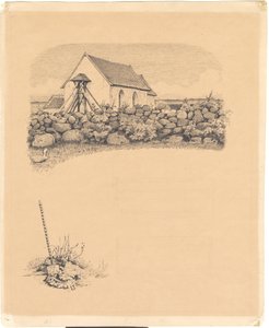 Ilustração para S. St. Arquibancadas: "Mowns". F.o.: igreja atrás de pedras; f.n.: túmulo (?) com pá de Hans Smidth