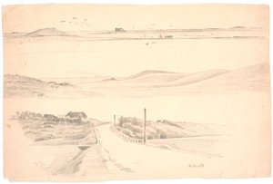 Revista de estudo com três paisagens da Jutlândia. Topo: paisagem com campo arado; meio: paisagem com altas colinas; inferior: paisagem com casa e estrada