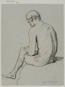 Nudez de um homem sentado com uma perna cruzada sobre a outra de Hans Thoma