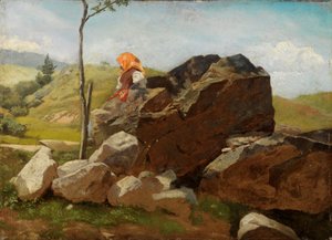 Blocos de rocha com uma rapariga do campo sentada de Hans Thoma