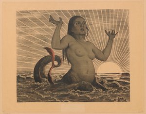 Nereida com os braços erguidos, tendo como pano de fundo o sol nascente de Hans Thoma