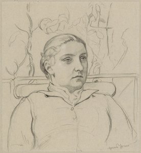 Retrato da esposa do artista, em forma de busto, sentada num banco com um cenário verde ao fundo de Hans Thoma