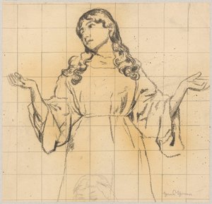 Estudo de uma jovem mulher com um vestido largo e os braços levantados de Hans Thoma