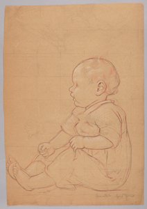 Estudo de uma criança sentada, verso: um velho sentado numa pedra de Hans Thoma