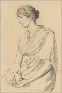 Estudo de uma mulher sentada com um traje que imita o estilo antigo de Hans Thoma