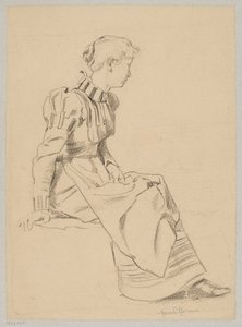 Estudo de uma jovem sentada com um vestido comprido de Hans Thoma