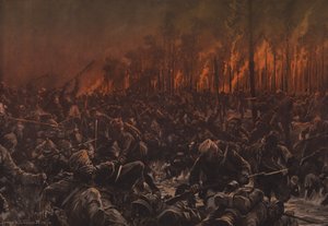 Um ataque noturno às posições britânicas no Yser (lito colorido) de Hans W. (after) Schmidt