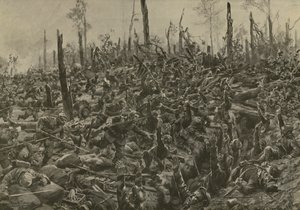 Ataque alemão a fortificações e trincheiras francesas no Bois-le-Pretre após o bombardeio de artilharia de 5 de julho de 1915 (lito) de Hans W. (after) Schmidt