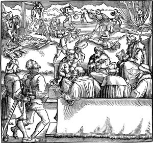 Sessão do tribunal. Ilustração do livro Phisicke Against Fortune de Petrarch, 1532 de Hans Weiditz the Younger
