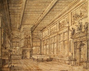 Interior de um Hall (grafite, caneta e tinta e lavagem em papel)