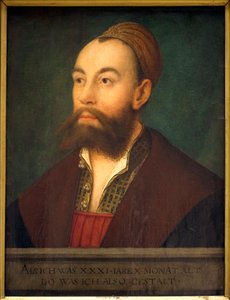 Retrato do banqueiro Anton Fugger (1493-1560) (no texto: representativo como ele tinha 31 anos e 10 meses) - Pintura de Hans Maler dit de Schwaz (1480-1526 ou 1529), óleo sobre tela, cerca de 1525 - Arte alemã século XVI - Musee des Beaux A
