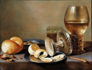 Banketje monocromático com dois pratos de estanho, uma tazza de prata tombada, uma faca dourada, um copo com cerveja, um rummer com vinho, um rolo de pão, nozes, azeitonas e um meio limão descascado de Hans van Sant