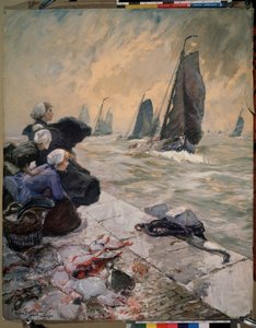 "As Esposas do Pescador" (As Esposas do Pescador) As esposas dos marinheiros observando os veleiros de seus maridos no mar tempestuoso. As raias ficam na beira do cais ao lado das cestas. Aquarela de Hans von Bartels (1856-1913) 1896 Museu Pushkin, Moscou