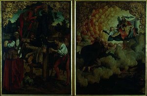 Histórias de São Pedro e Paulo: detalhe mostrando a Crucificação de São Pedro, São Paulo Subindo ao Céu (óleo sobre painel) (detalhe) de Hans von Klumbach