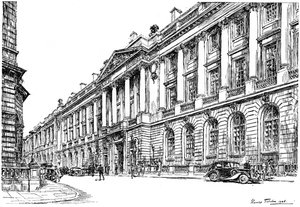 O exterior do RAC Clubhouse em Pall Mall, Londres, 1946. de Hanslip Fletcher