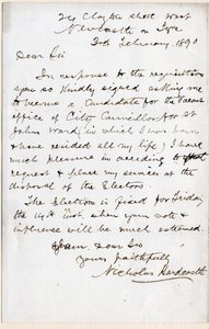 Carta de Nicholas Hardcastle aceitando convite para se apresentar como conselheiro municipal para St John