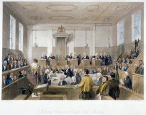 Dentro do Tribunal Criminal Central, Old Bailey, com um tribunal em sessão, City of London, 1840