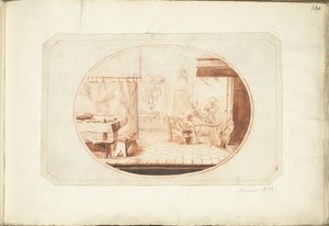 Interior da cozinha com duas mulheres e um gato, em oval