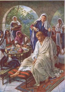 Maria, unção, jesus, ilustração, de, quadros, que, ensinar, a, coroa, série, 1920