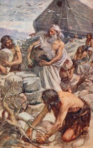 Antigo Testamento: Noé a construir o seu altar (litografia a cores) de Harold Copping
