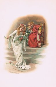 Ophelia com o rei e a rainha, ilustração de Hamlet de Harold Copping