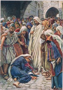 A mulher que tocou a bainha da sua roupa, ilustração de "Mulheres da Bíblia", publicada pela The Religious Tract Society de Harold Copping