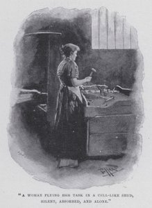 "Uma mulher a fazer a sua tarefa num barracão de celas, silenciosa, absorvida e sozinha" (foto a p/b) de Harold Hume Piffard