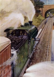 Locomotiva a vapor na Grande Ferrovia do Norte a tomar água (cor litho)