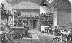 Michael Faraday (1791-1867) em seu laboratório do porão, de "A Vida e as Cartas de Faraday", de Henry Bence Jones, publicado em 1870, 1869